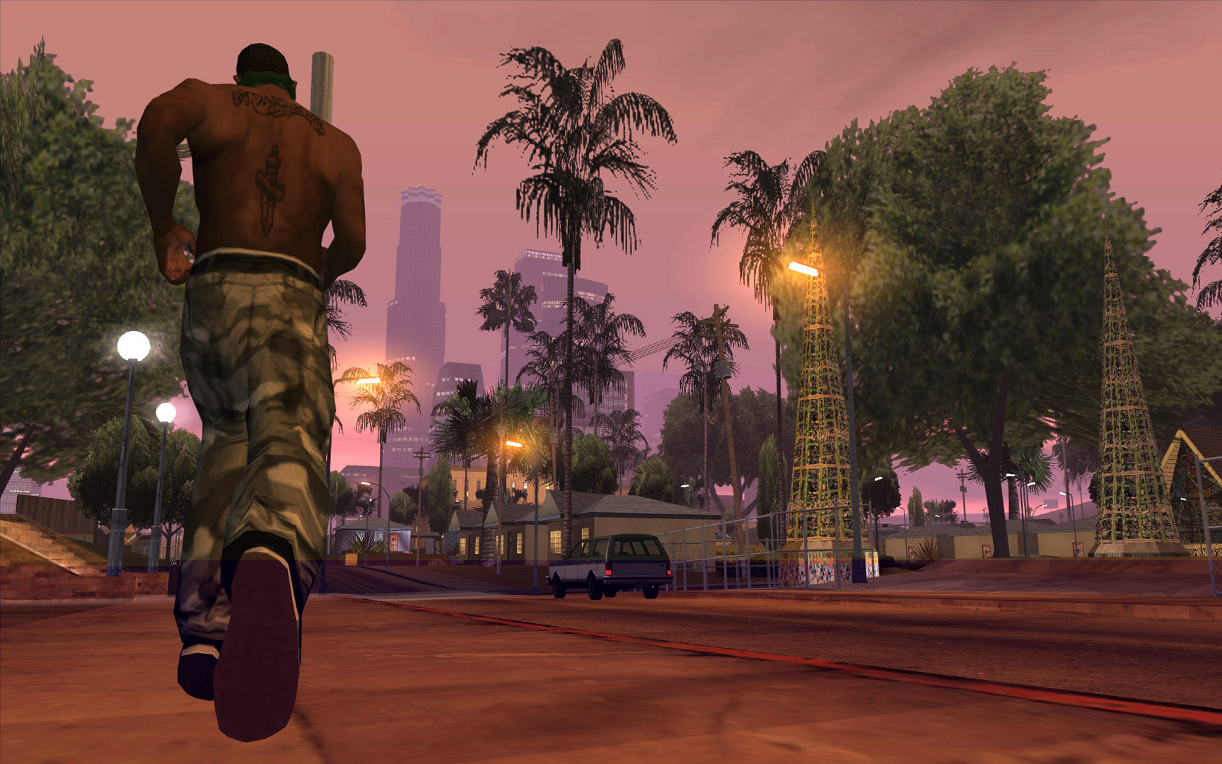 Grand Theft Auto: San Andreas screenshot: realistic, third-person, no outlines, soft gradient (environment, character)