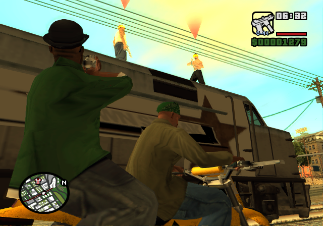 Grand Theft Auto: San Andreas screenshot: realistic, third-person, no outlines, soft gradient (environment, character, combat)