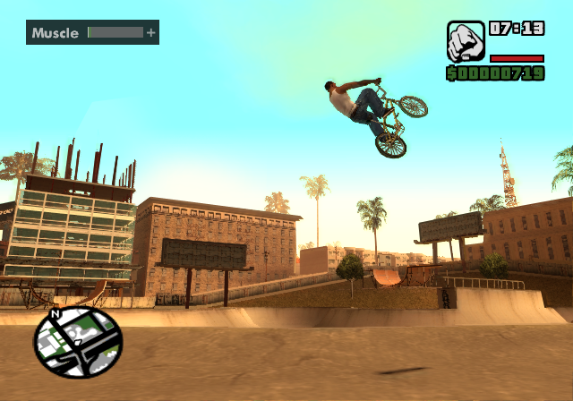 Grand Theft Auto: San Andreas screenshot: realistic, third-person, no outlines, soft gradient (environment, character, combat)