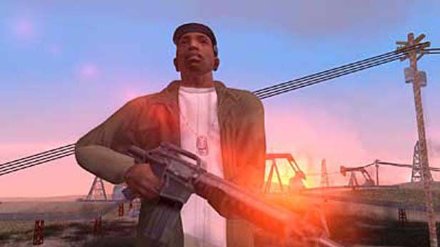 Grand Theft Auto: San Andreas screenshot: realistic, third-person, no outlines, soft gradient (environment, character, combat)