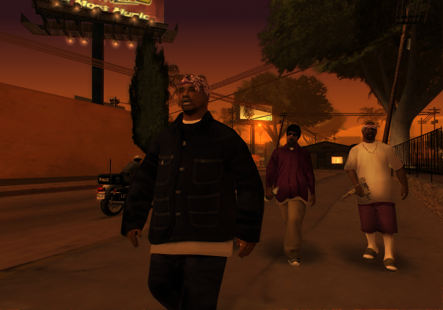 Grand Theft Auto: San Andreas screenshot: realistic, third-person, no outlines, soft gradient (environment, character, cutscene)