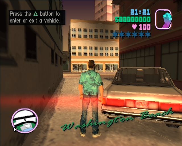 Grand Theft Auto: Vice City screenshot: stylized 3d, third-person, no outlines, soft gradient (environment, character)