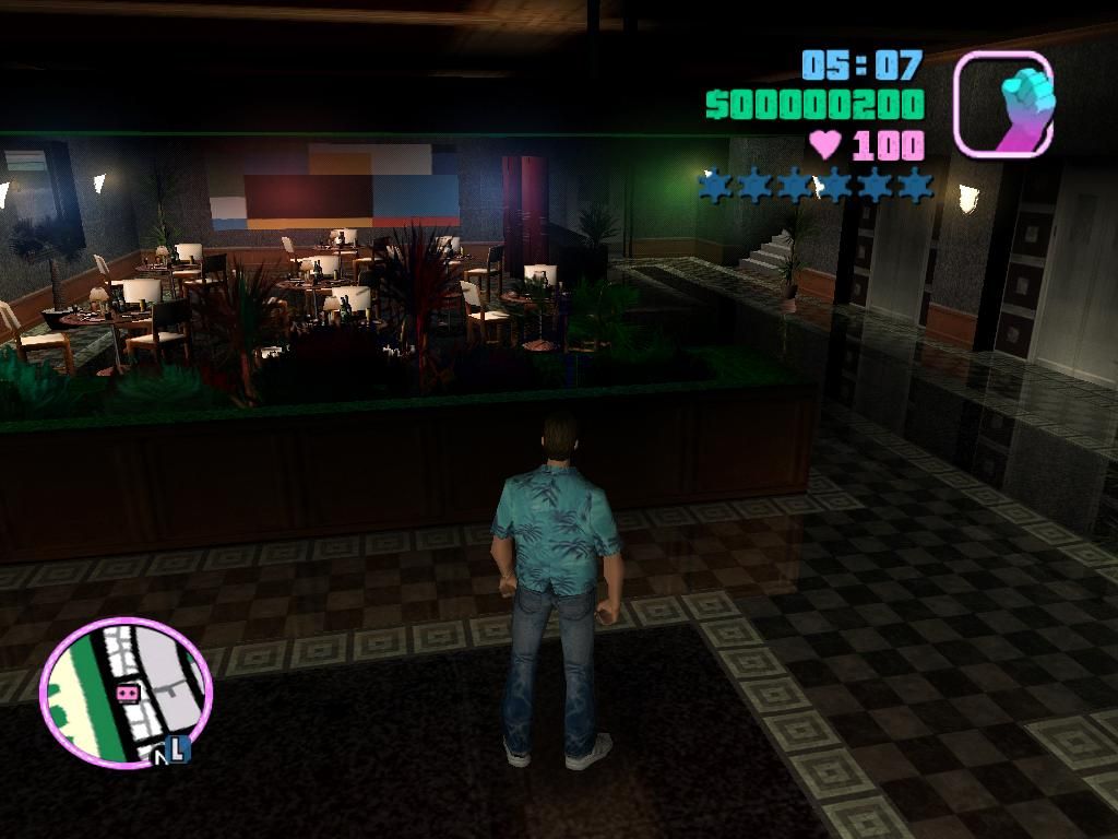 Grand Theft Auto: Vice City screenshot: stylized 3d, third-person, no outlines, soft gradient (environment, character)