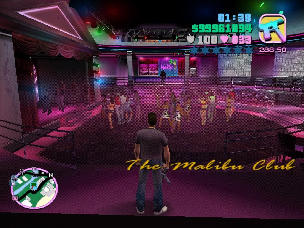 Grand Theft Auto: Vice City screenshot: stylized 3d, third-person, no outlines, soft gradient (environment, character)