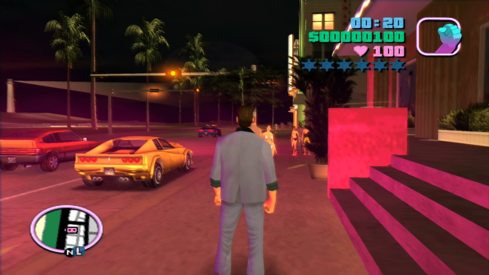 Grand Theft Auto: Vice City screenshot: stylized 3d, third-person, no outlines, soft gradient (environment, character)