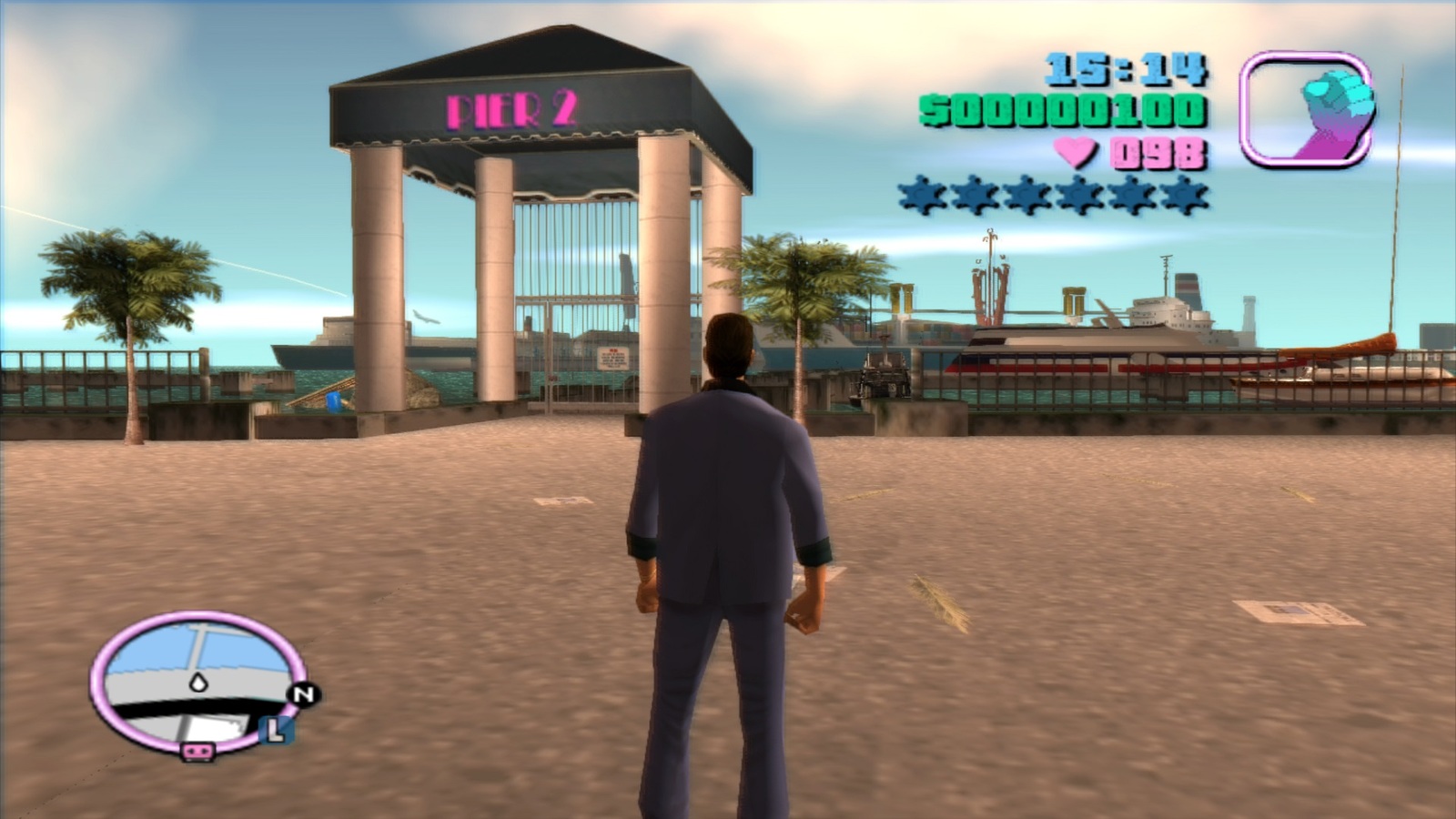 Grand Theft Auto: Vice City screenshot: stylized 3d, third-person, no outlines, soft gradient (environment, character)