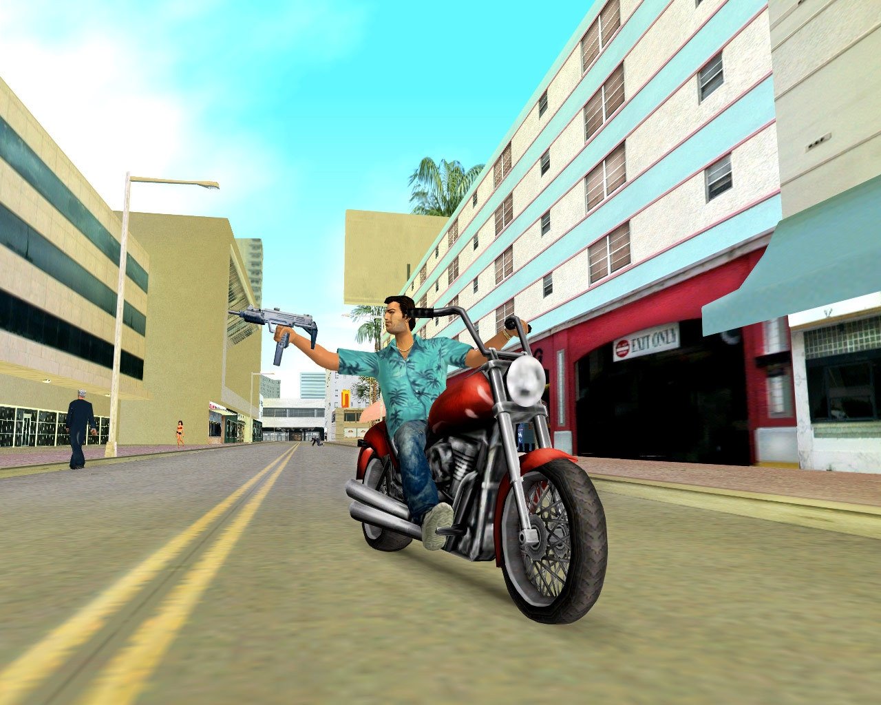 Grand Theft Auto: Vice City screenshot: stylized 3d, third-person, no outlines, soft gradient (environment, character, combat)