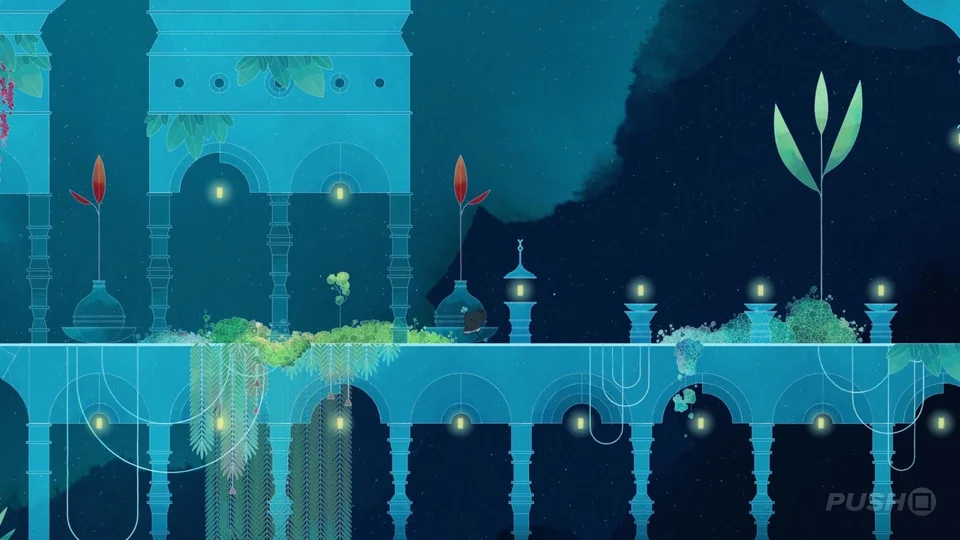 Gris screenshot: hand-drawn, painterly, minimalist, side-scrolling, no outlines, soft gradient (environment)