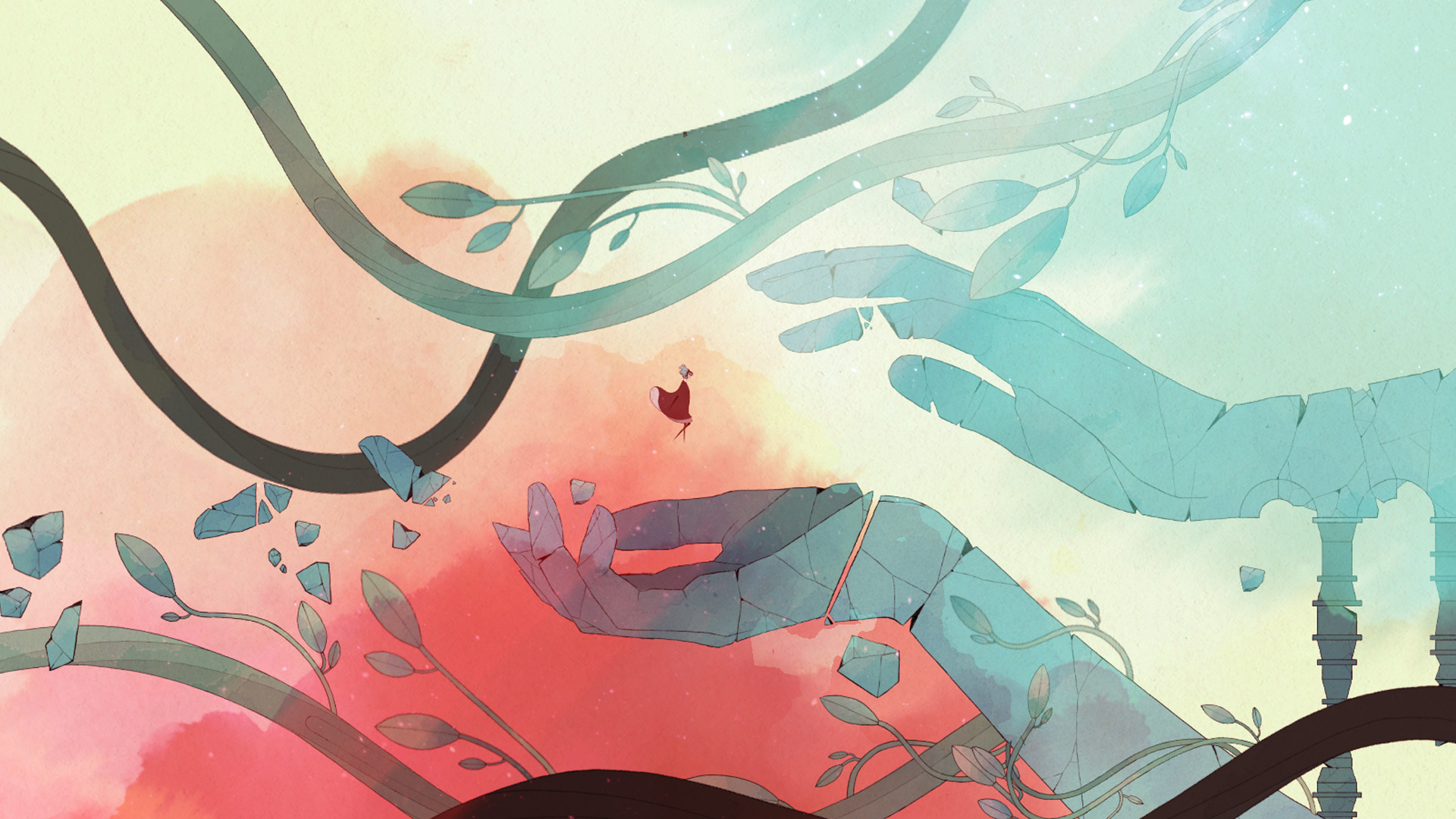 GRIS screenshot: painterly, hand-drawn, side-scrolling, interior lines, flat / unlit (environment)
