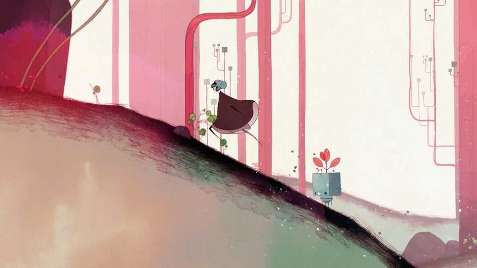 Gris screenshot: hand-drawn, painterly, minimalist, side-scrolling, no outlines, soft gradient (environment)