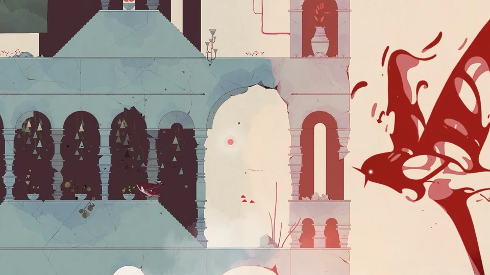 Gris screenshot: hand-drawn, painterly, minimalist, side-scrolling, no outlines, soft gradient (environment)