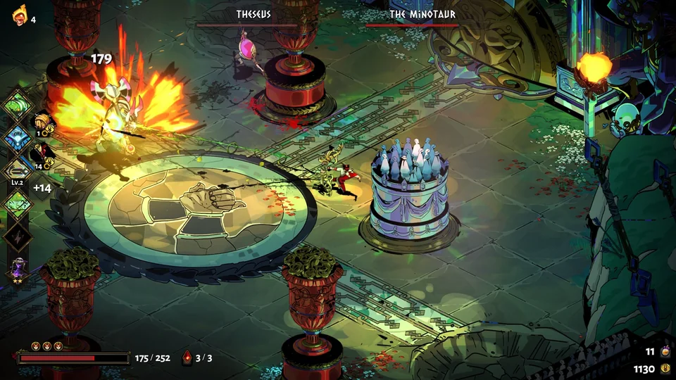 Hades screenshot: painterly, hand-drawn, isometric, inked lines, rim lighting (combat)