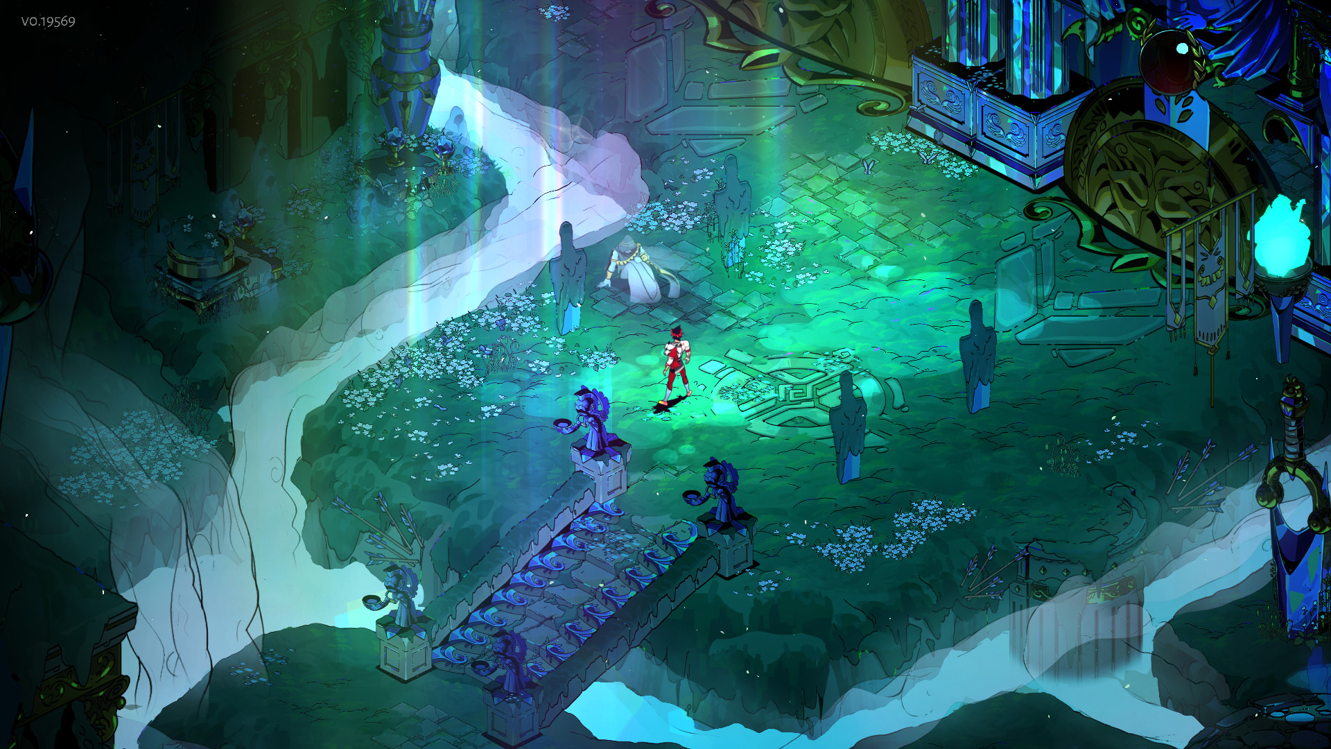 Hades screenshot: hand-drawn, pre-rendered, isometric, inked lines, two-tone cel (environment)