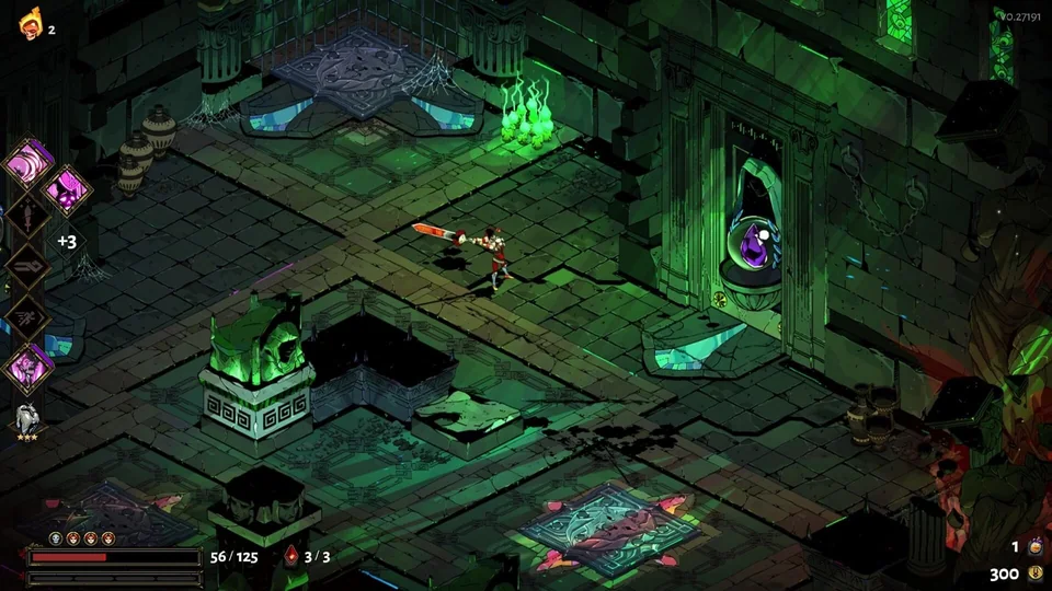 Hades screenshot: painterly, hand-drawn, isometric, inked lines, rim lighting (environment)