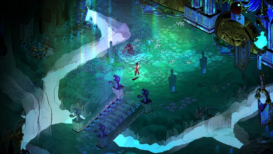 Hades screenshot: painterly, hand-drawn, isometric, inked lines, rim lighting (environment)