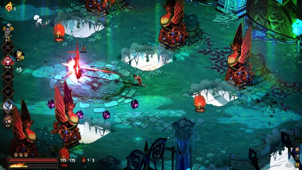 Hades screenshot: painterly, hand-drawn, isometric, inked lines, rim lighting (combat)
