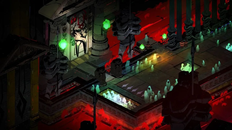 Hades screenshot: painterly, hand-drawn, isometric, inked lines, rim lighting (environment)