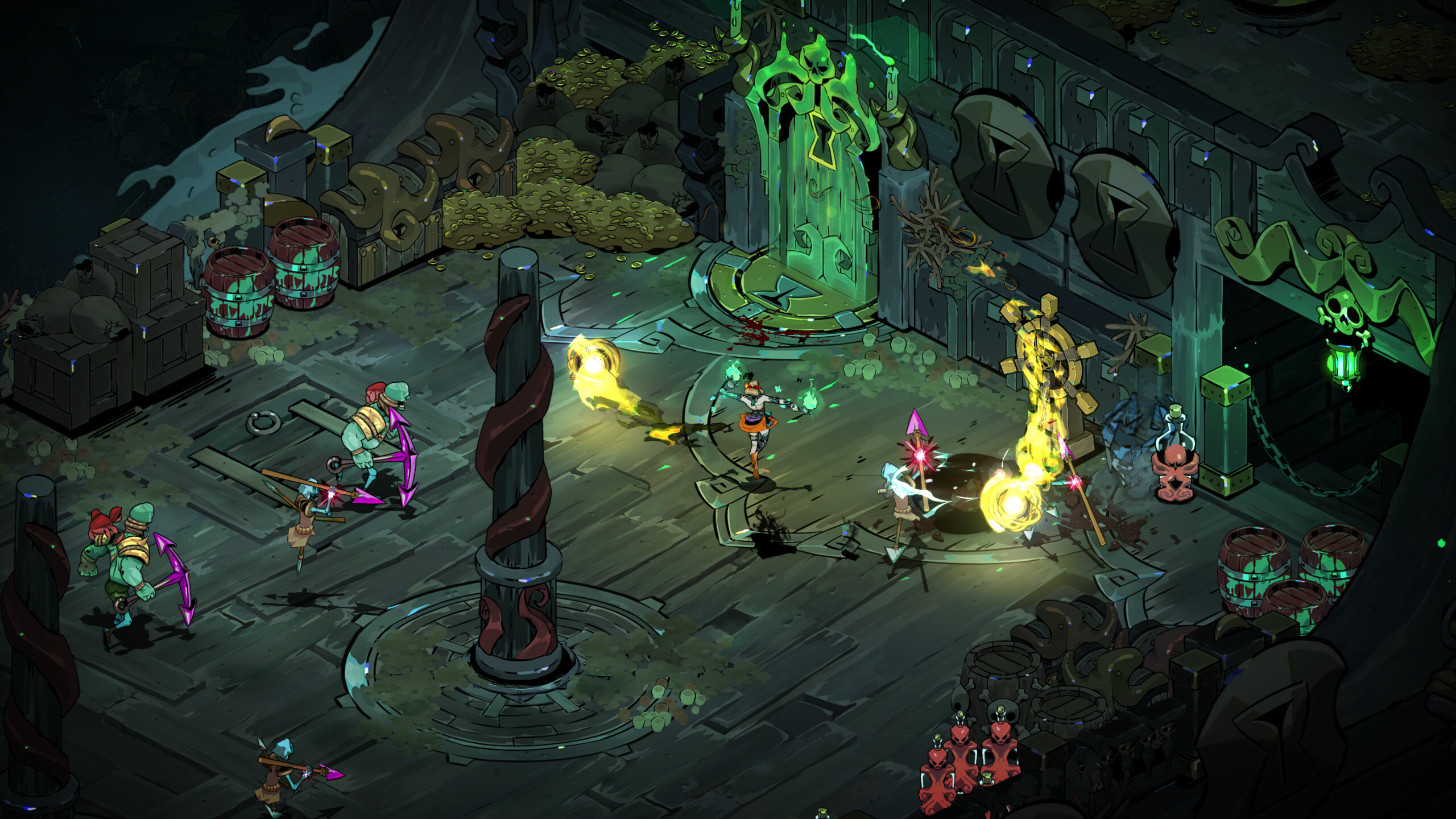 Hades II screenshot: hand-drawn, painterly, stylized 3d, isometric, inked lines, three-tone cel (environment, combat)