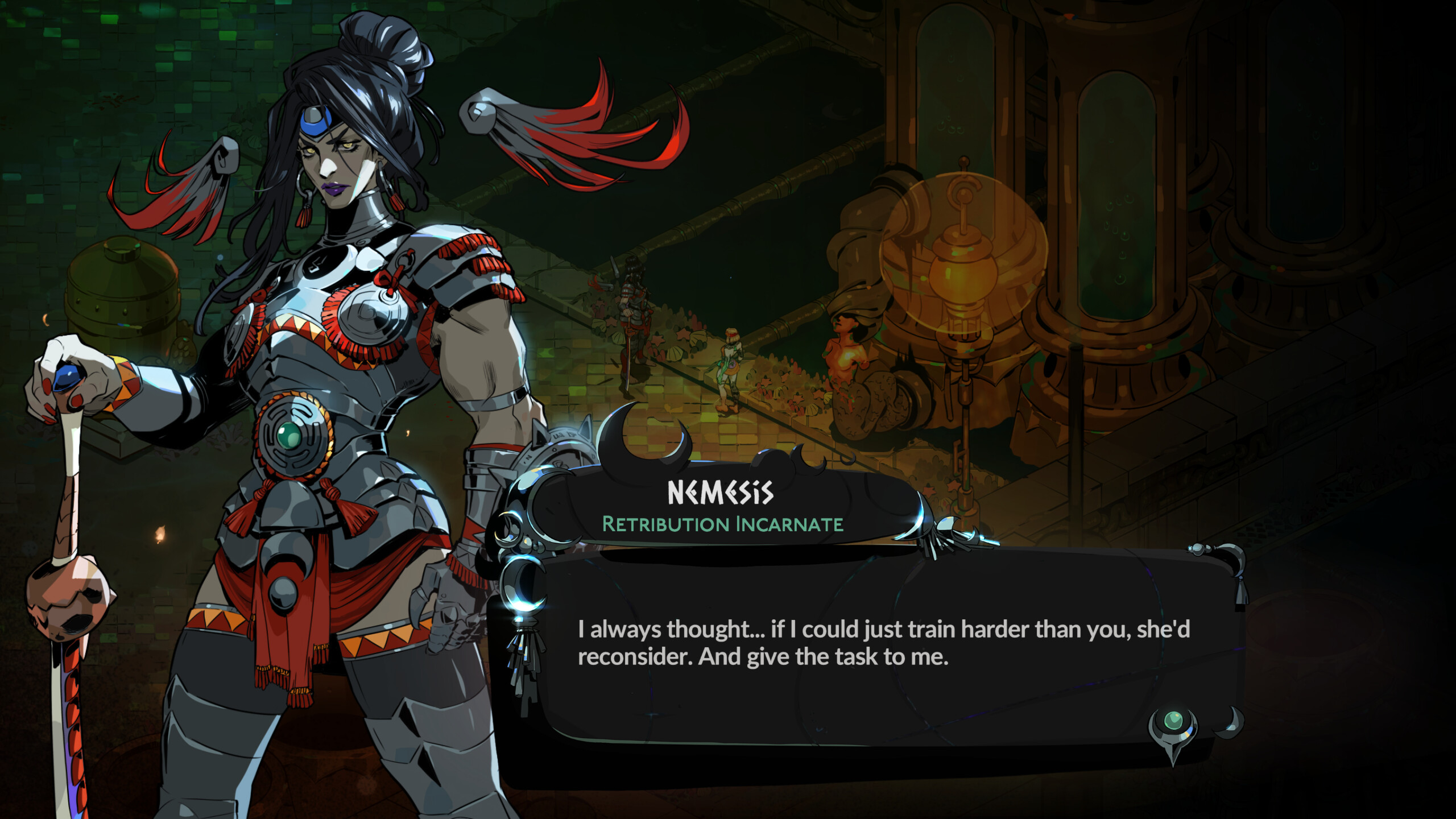 Hades II screenshot: hand-drawn, painterly, stylized 3d, isometric, inked lines, three-tone cel (character, cutscene)