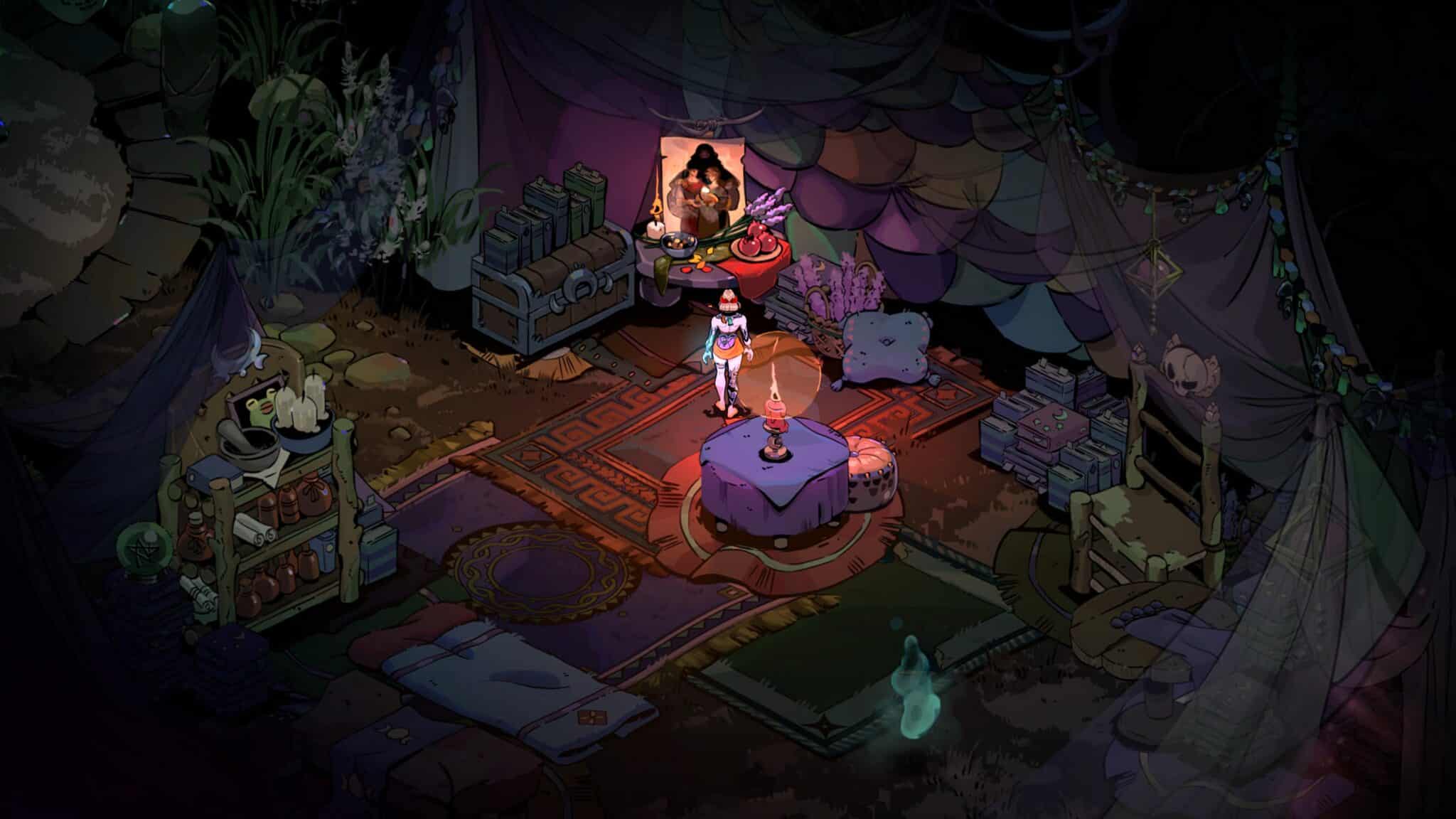 Hades II screenshot: hand-drawn, painterly, stylized 3d, isometric, inked lines, three-tone cel (environment)