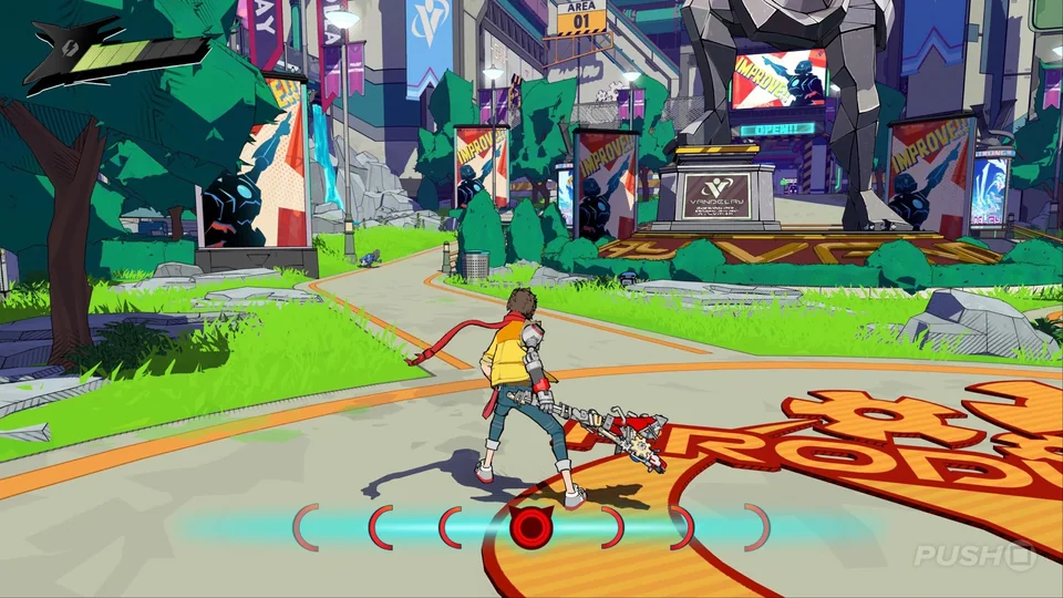 Hi-Fi Rush screenshot: cel-shaded, third-person, black outlines, two-tone cel (environment)