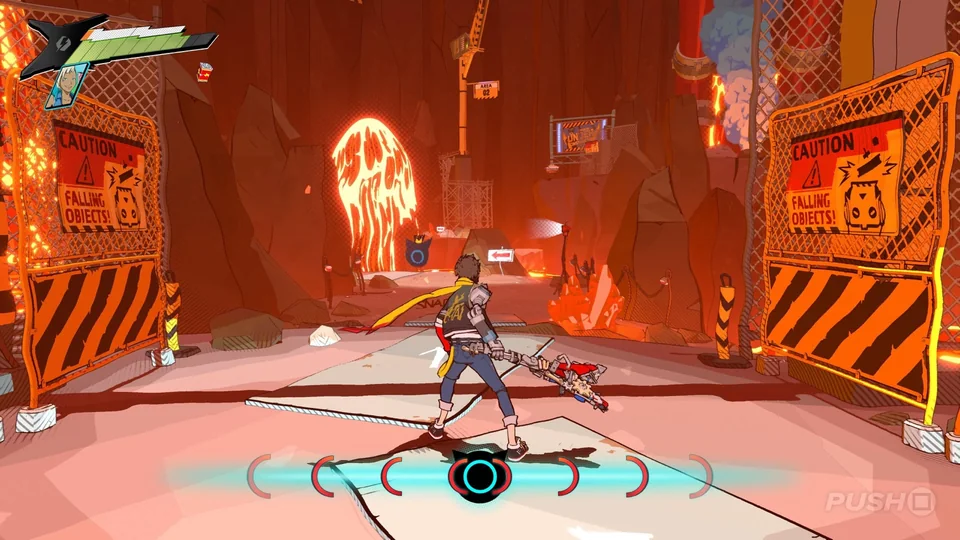 Hi-Fi Rush screenshot: cel-shaded, third-person, black outlines, two-tone cel (combat)