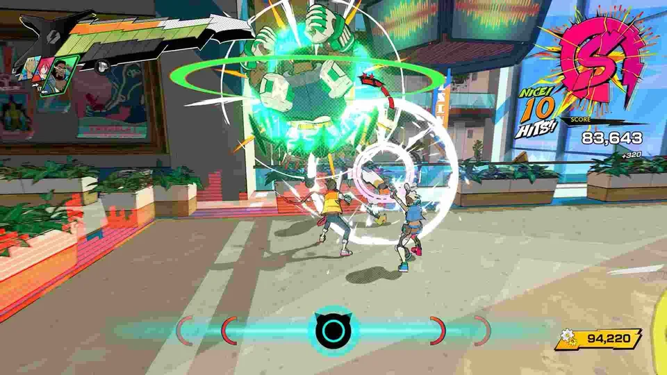 Hi-Fi Rush screenshot: cel-shaded, third-person, black outlines, two-tone cel (combat)