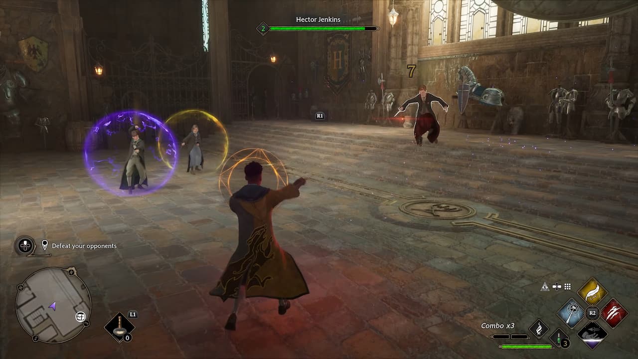 Hogwarts Legacy screenshot: realistic, third-person, no outlines, realistic lighting (environment, combat)