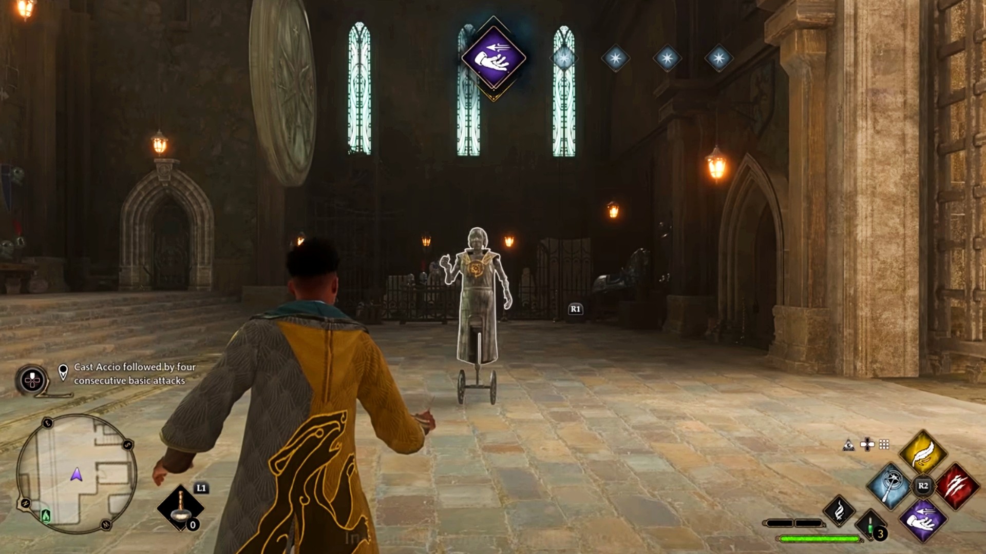 Hogwarts Legacy screenshot: realistic, third-person, no outlines, realistic lighting (environment, combat)