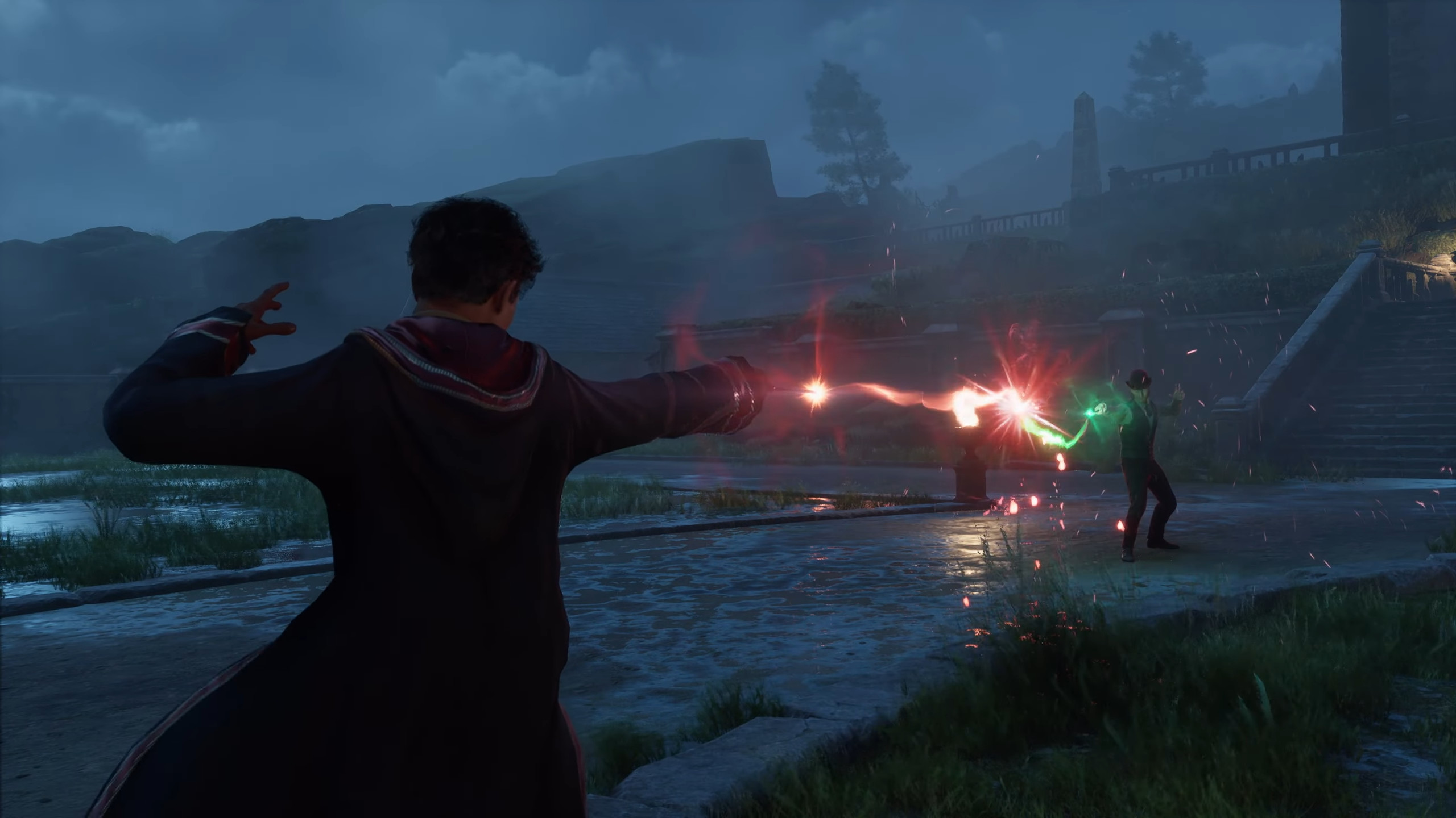 Hogwarts Legacy screenshot: realistic, third-person, no outlines, realistic lighting (environment, combat)