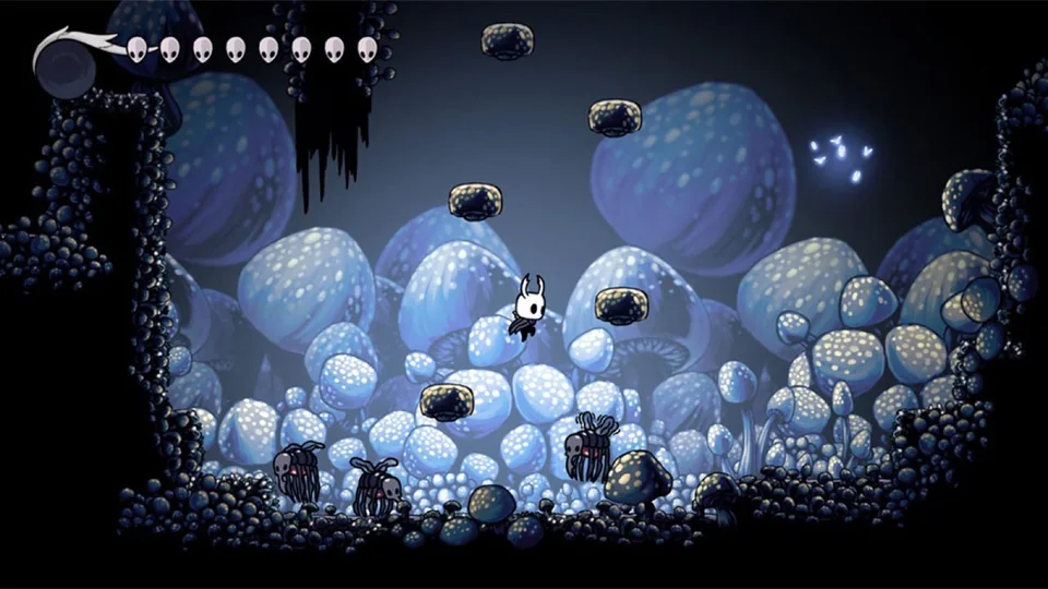 Hollow Knight screenshot: hand-drawn, side-scrolling, inked lines, soft gradient (environment)