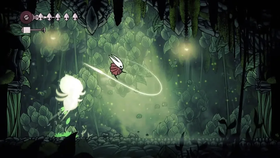 Hollow Knight screenshot: hand-drawn, side-scrolling, inked lines, soft gradient (combat)