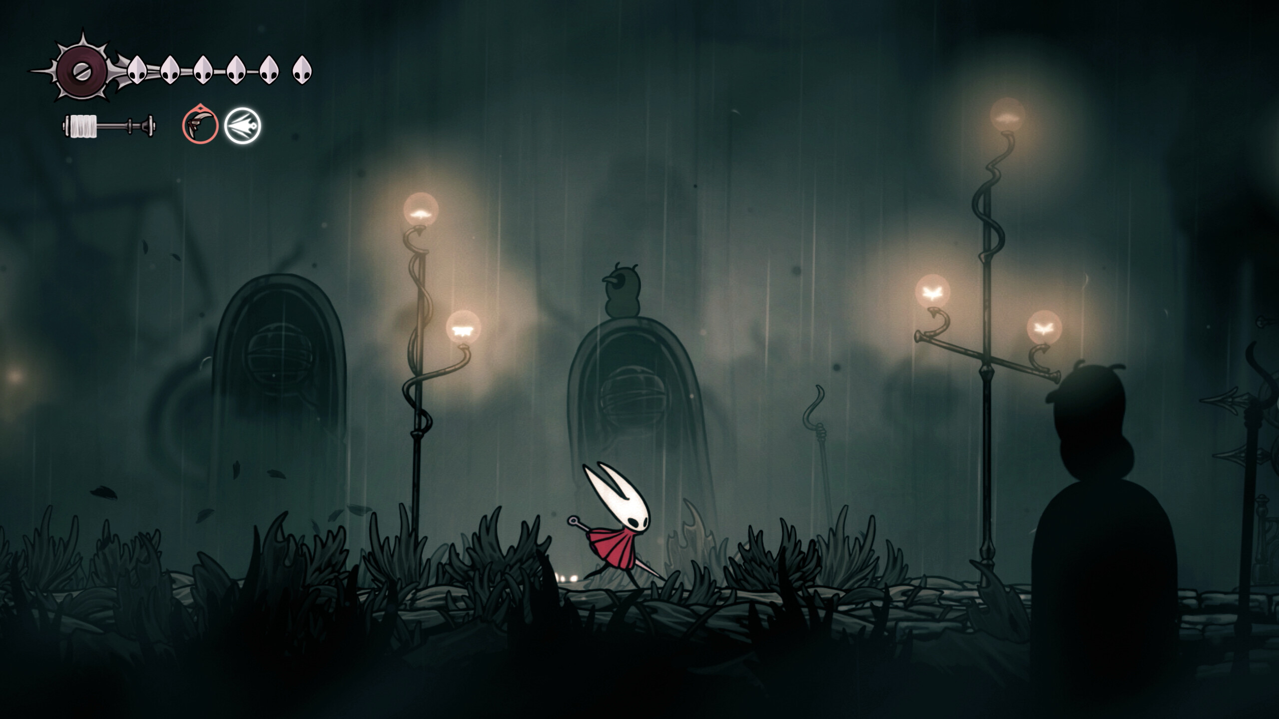 Hollow Knight: Silksong screenshot: hand-drawn, side-scrolling, black outlines, flat / unlit (environment)