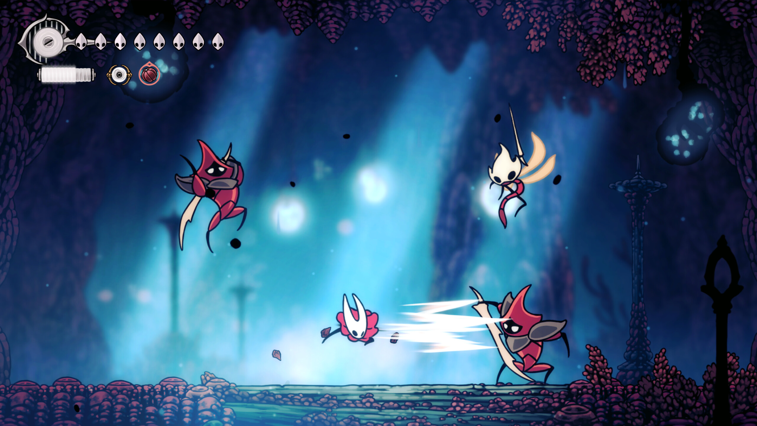 Hollow Knight: Silksong screenshot: hand-drawn, side-scrolling, black outlines, flat / unlit (environment, combat)
