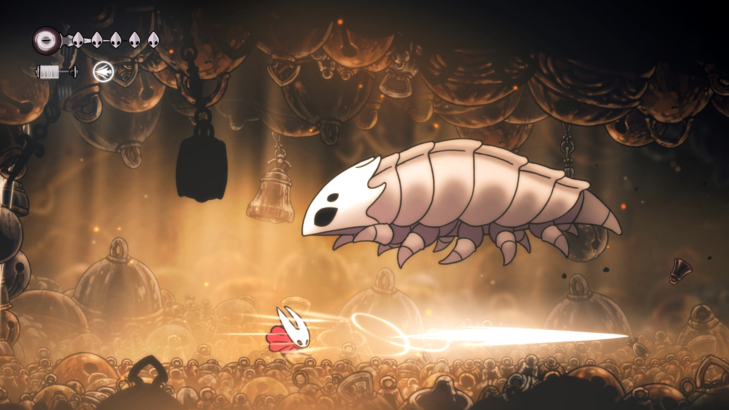Hollow Knight: Silksong screenshot: hand-drawn, side-scrolling, black outlines, flat / unlit (environment, combat)