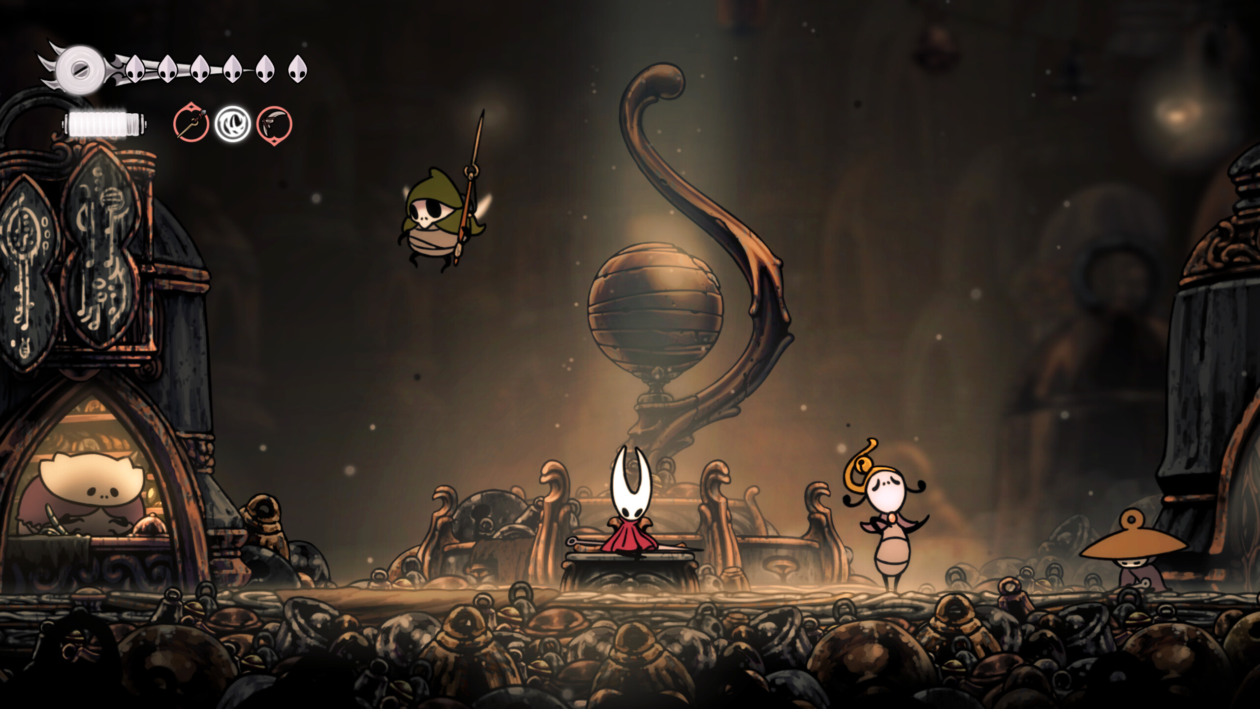 Hollow Knight: Silksong screenshot: hand-drawn, side-scrolling, black outlines, flat / unlit (environment, character)