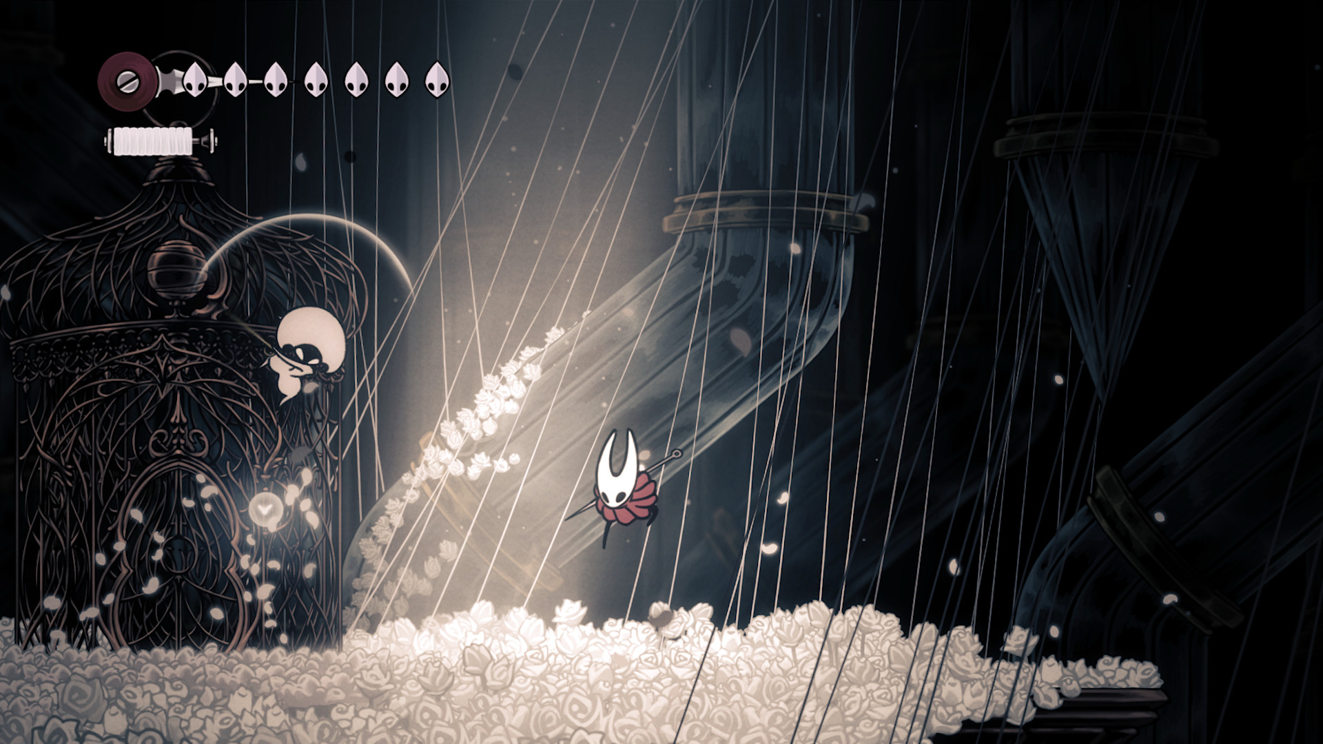 Hollow Knight: Silksong screenshot: hand-drawn, side-scrolling, black outlines, flat / unlit (environment, combat)