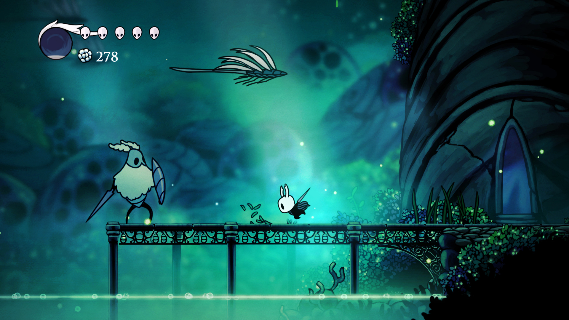Hollow Knight (Xbox Series X/S) screenshot: hand-drawn, side-scrolling, black outlines, flat / unlit (environment, combat)