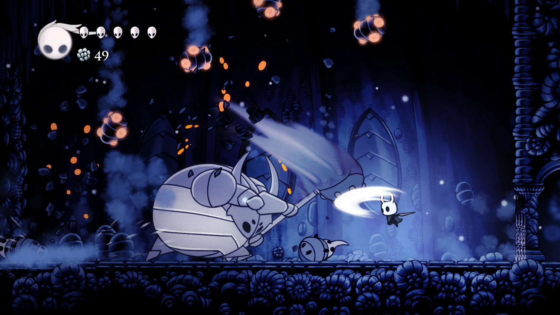 Hollow Knight (Xbox Series X/S) screenshot: hand-drawn, side-scrolling, black outlines, flat / unlit (environment, combat)