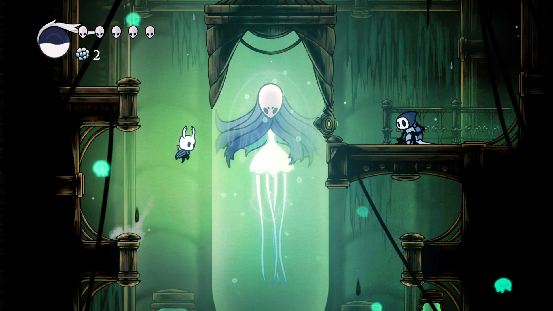 Hollow Knight (Xbox Series X/S) screenshot: hand-drawn, side-scrolling, black outlines, flat / unlit (environment, character)