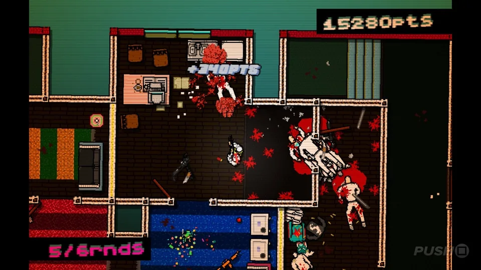 Hotline Miami screenshot: pixel art, top-down, no outlines, flat / unlit (combat)