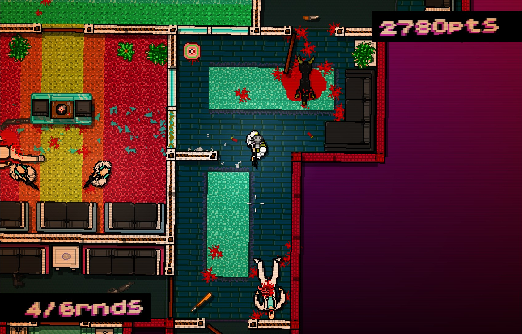 Hotline Miami screenshot: pixel art, top-down, black outlines (environment)