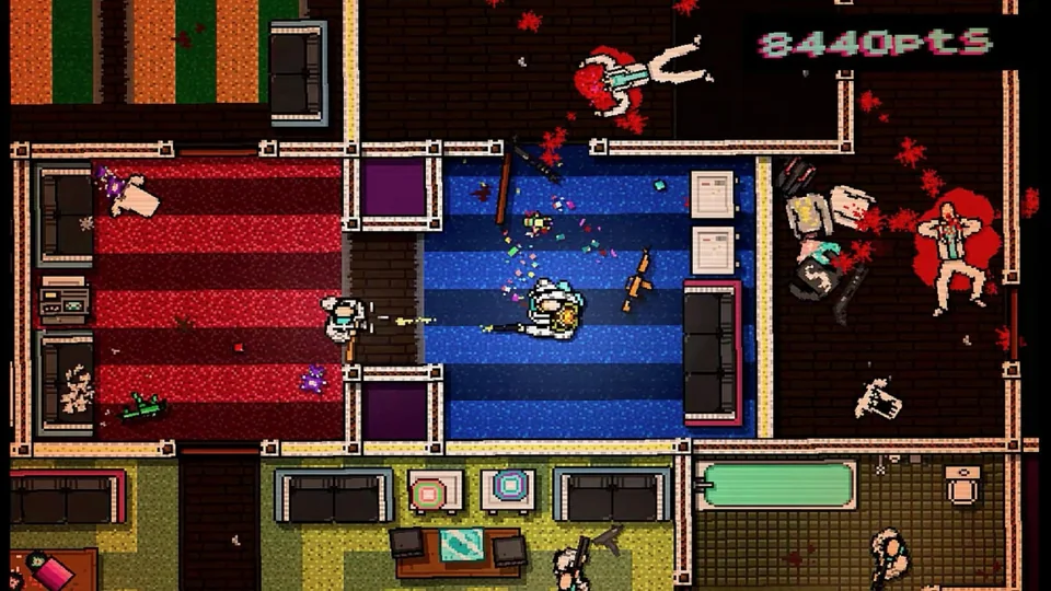 Hotline Miami screenshot: pixel art, top-down, no outlines, flat / unlit (combat)