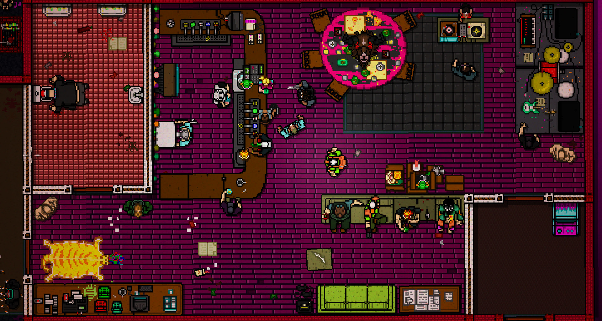 Hotline Miami 2: Wrong Number screenshot: pixel art, top-down, black outlines (environment)
