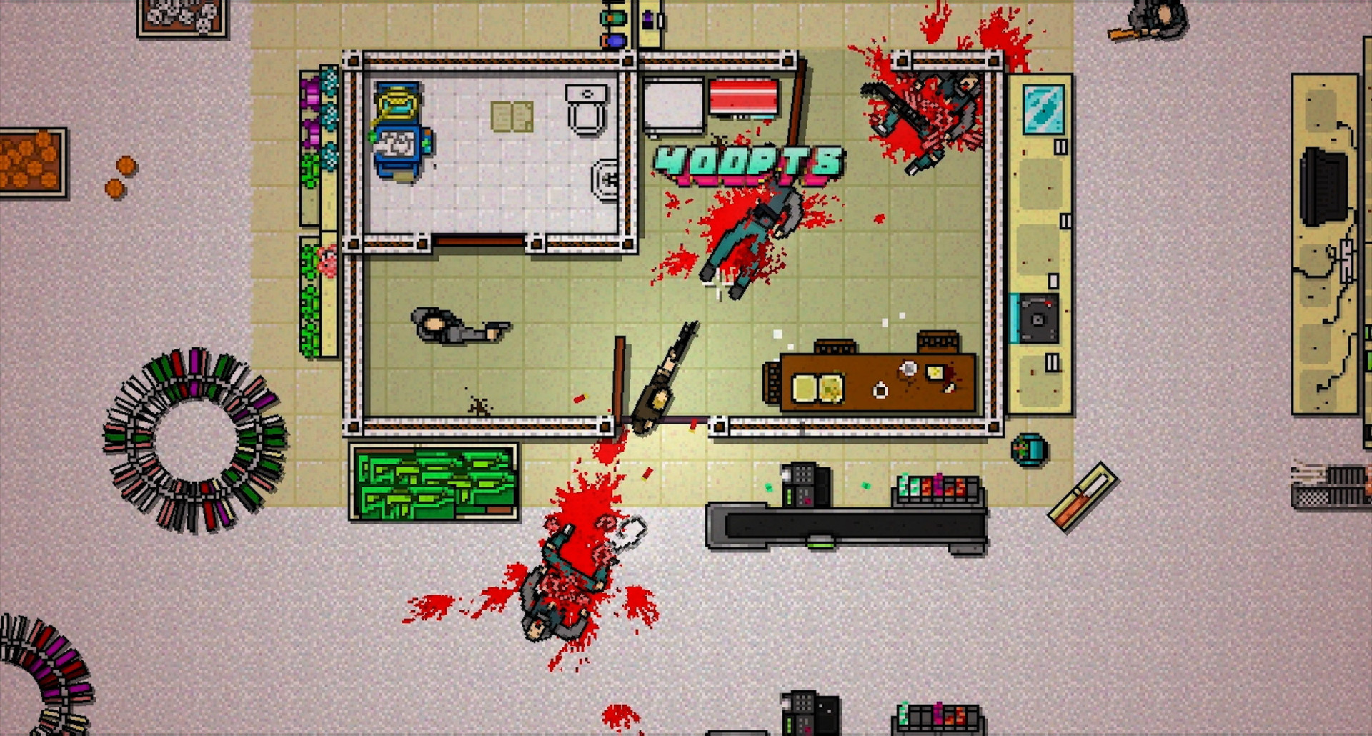 Hotline Miami 2: Wrong Number screenshot: pixel art, top-down, black outlines (environment, combat)