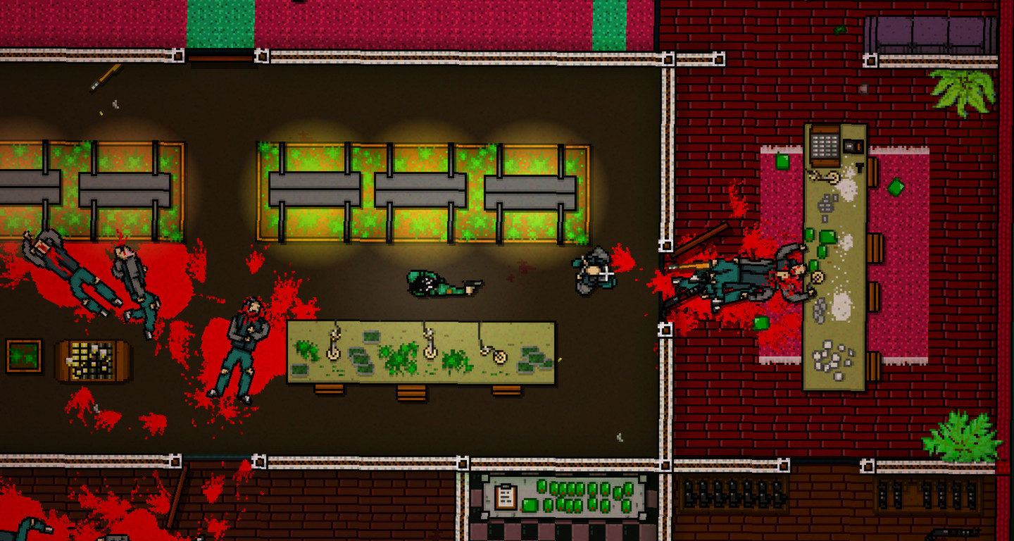 Hotline Miami 2: Wrong Number screenshot: pixel art, top-down, black outlines (environment, combat)