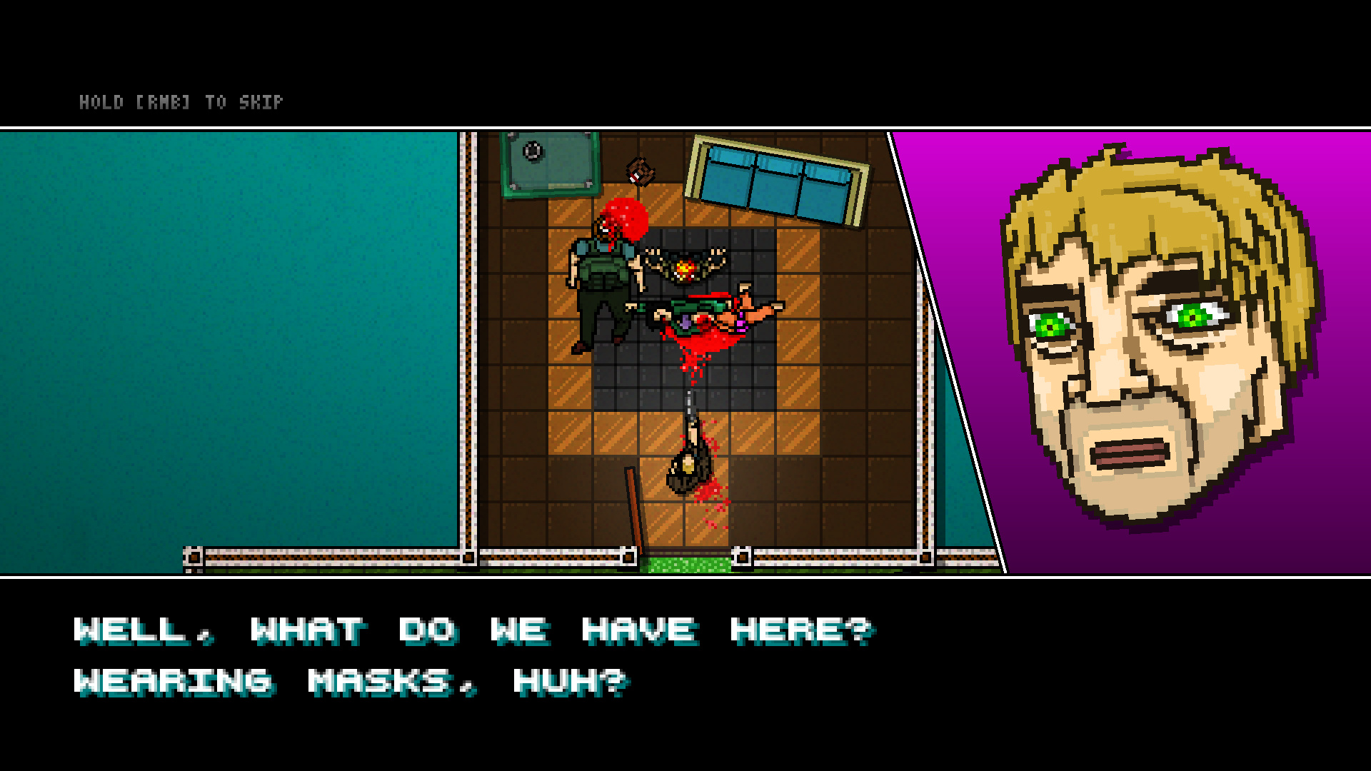 Hotline Miami 2: Wrong Number screenshot: pixel art, top-down, black outlines (character, cutscene)