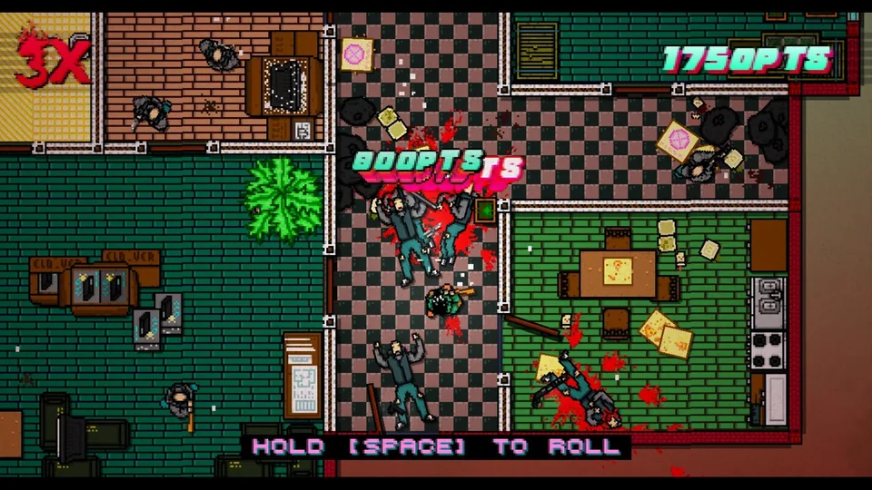 Hotline Miami screenshot: pixel art, top-down, no outlines, flat / unlit (combat)