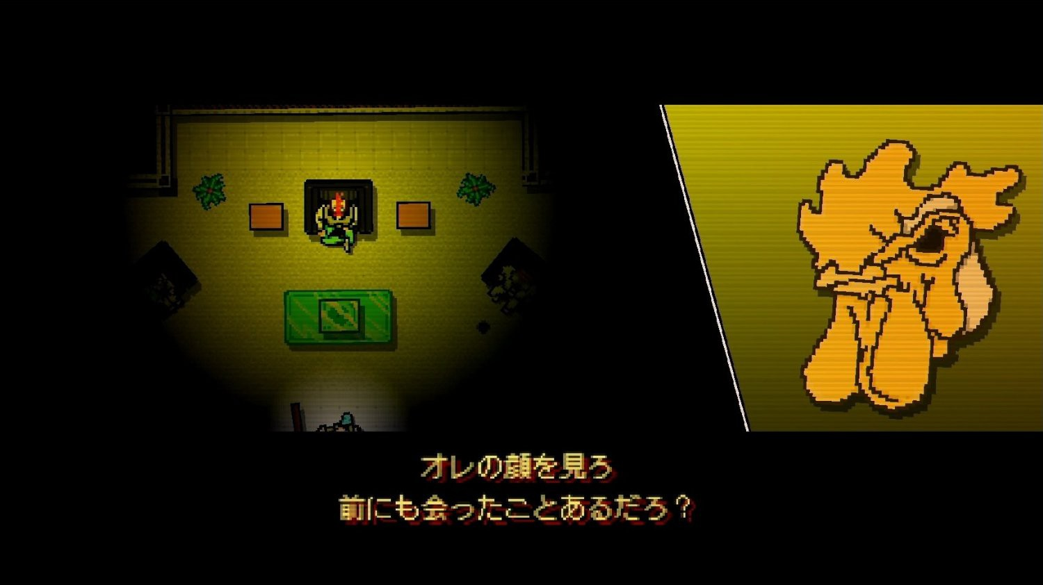 Hotline Miami: Collected Edition screenshot: pixel art, top-down, black outlines (character, cutscene)