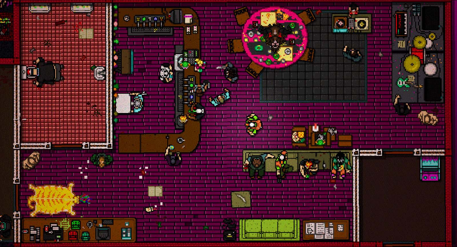 Hotline Miami Collection screenshot: pixel art, top-down, black outlines (environment)